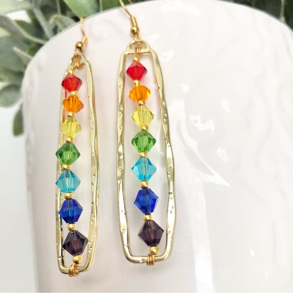 New Sparkling Glass Crystal 18k Gold Plated Hooks Dangling Hoop Rainbow Earrings - Picture 6 of 11